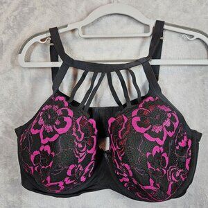 Cacique Lightly Lined Balconette Womens Bra 40DDD Black Pink Floral Lace Sexy